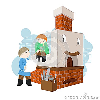 Illustration with happy and cheerful russian oven with two masters with drawings and tools. Vector Illustration