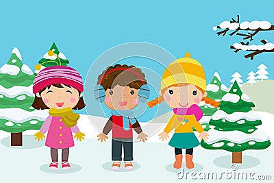 Happy children playing in snow Vector Illustration