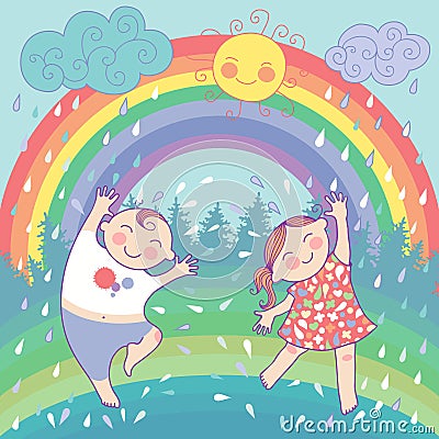 Illustration with happy children, rainbow, rain, s Vector Illustration