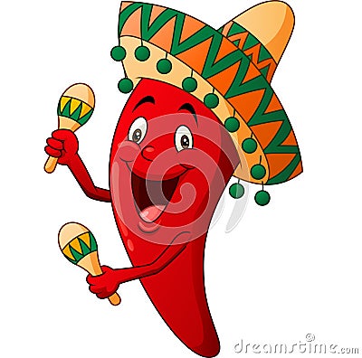 Happy chili cartoon playing maracas Vector Illustration