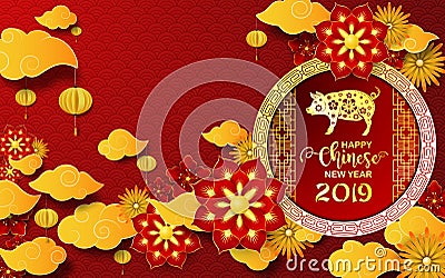 Happy Chinese New Year 2019 card. Year of the pig Vector Illustration