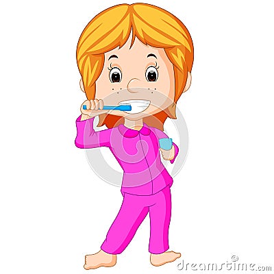 Happy cute girl brushing teeth Vector Illustration