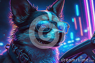 illustration of the happy dog in glasses riding a motobike Cartoon Illustration