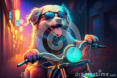 illustration of the happy dog in glasses riding a motobike Cartoon Illustration