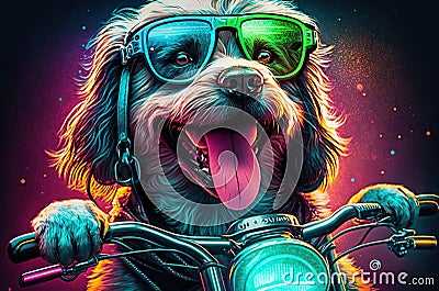 illustration of the happy dog in glasses riding a motobike Cartoon Illustration