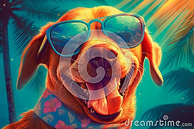 Illustration of happy dog wearing sunglasses. Funny humorous banner, summer holidays Stock Photo