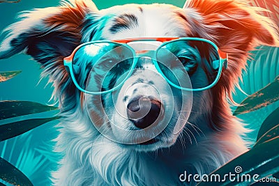 Illustration of happy dog wearing sunglasses. Funny humorous banner, summer holidays. Generative AI Stock Photo