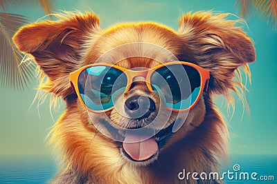 Illustration of happy dog wearing sunglasses. Funny humorous banner, summer holidays Stock Photo