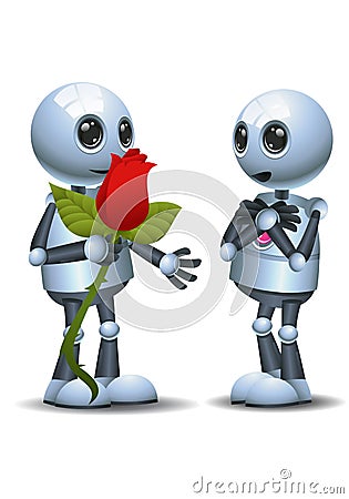 Little robot giving rose to his mate Vector Illustration
