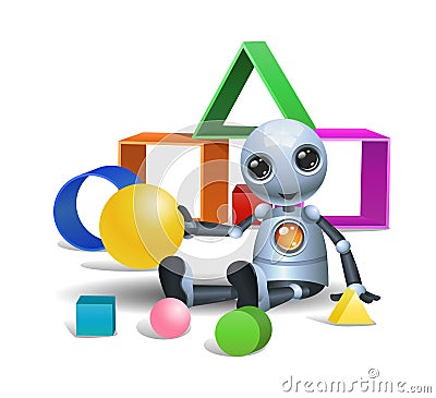 Little robot play boxes on isolated white background Vector Illustration