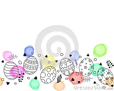 Happy Easter greeting card with colorful Easter eggs composition hand drawn and florals ornament Vector Illustration