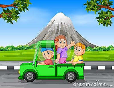 The happy family waving inside the car with the beautiful rock mountain background Vector Illustration