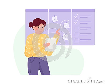 Illustration of happy girl looks at sheet of paper and checks tasks for today Vector Illustration