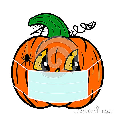 Illustration. A happy Halloween pumpkin with a face mask Stock Photo