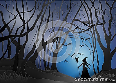 Illustration of happy halloween, witches in a scary dark mystery Vector Illustration