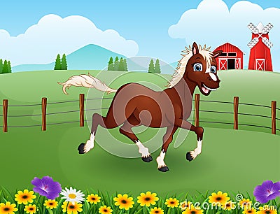 Happy horse cartoon in the farm with green field Vector Illustration