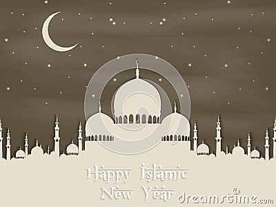 Happy islamic new year with silhouette mosque and moon Vector Illustration