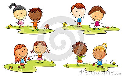 Happy kid cartoon playing on green lawn Vector Illustration