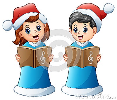 Happy kids in blue santa costume singing christmas carols Vector Illustration