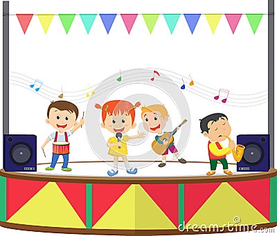 Illustration of a happy kids playing music on the stage Vector Illustration