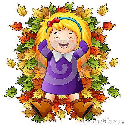 Happy little girl playing with autumn leaves Vector Illustration