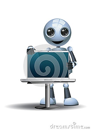 Little robot businessman salesman holding laptop Vector Illustration