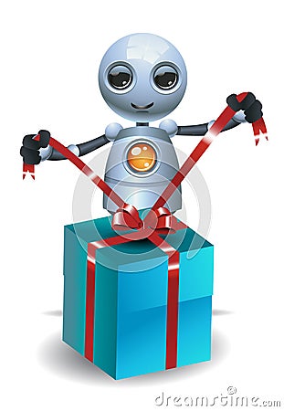 Little robot open birthday present Stock Photo