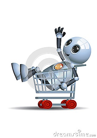 Little robot riding shopping cart Vector Illustration