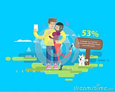 Illustration of happy married couple on vacation, man and woman make selfie Vector Illustration