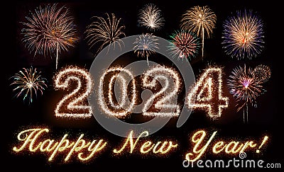 Happy New Year 2024 With Fireworks Cartoon Illustration