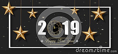 2019 Happy New Year and Merry Christmas greeting card with golden star and clock Vector Illustration