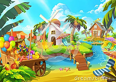 Illustration: Happy Sand Beach. Windmill, Cabin, Coconut Tree, Grocery Cart, Islands. Stock Photo