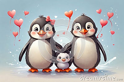 Illustration of happy and smiling family of penguins Stock Photo