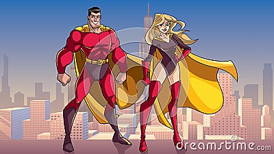 Superhero Couple Standing Tall in City Vector Illustration