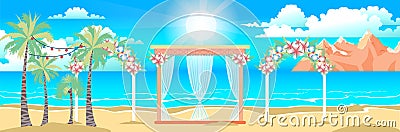 Illustration of happy sunny summer day at the beach with wedding Vector Illustration