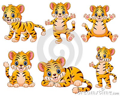 Happy tiger cartoon set collection Vector Illustration