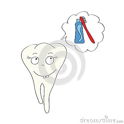 Illustration of happy tooth dreaming of toothpaste and brush Vector Illustration