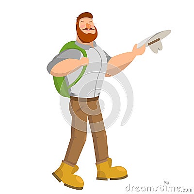 illustration of a happy traveler man with a backpack behind his shoulders and a hat in his hands Vector Illustration