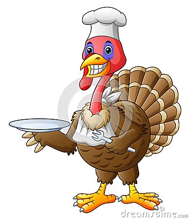 Happy turkey chef with a plate and fork Vector Illustration