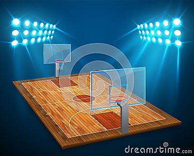 An illustration of hardwood perspective Basketball arena field with bright stadium lights design. Vector EPS 10. Room for copy Vector Illustration