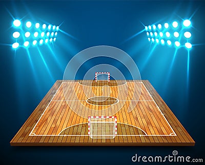 An illustration of hardwood perspective Futsal court or field with bright stadium lights design. Vector EPS 10. Room for copy Vector Illustration