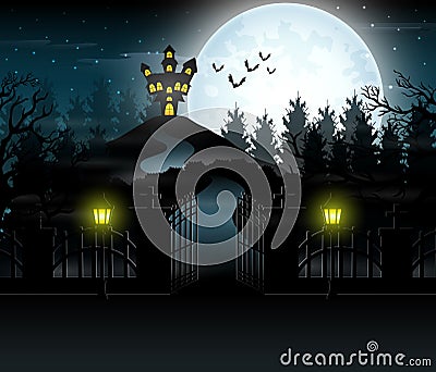 View of a haunted house with a background of full moon Vector Illustration