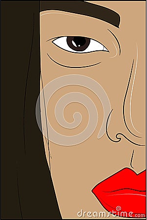 Illustration, Head of beautifull Japanese young woman with red lips. Cartoon Illustration