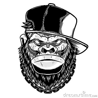 Illustration of head of gorilla in baseball cap. Design element for poster, card, banner, sign, t shirt. Vector Illustration