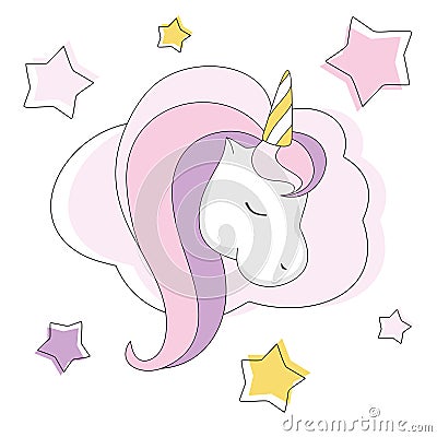 Illustration of a head of a unicorn with a pink mane among pink and yellow stars. Vector Illustration