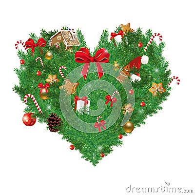 Illustration of Heart shaped Christmas pine with various Christmas items Stock Photo