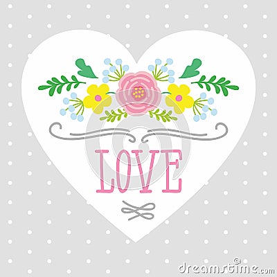 Illustration of heart with the word love framed by flowers. template for greeting cards Vector Illustration