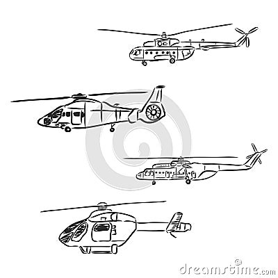 illustration of helicopter. black and white drawing, white background Vector Illustration