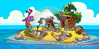 The illustration of hermit with parrot on an island. Stock Photo