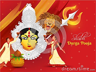 Illustration of Hindu Mythological Goddess Durga and Bengali couple character in dhunuchi dance. Stock Photo